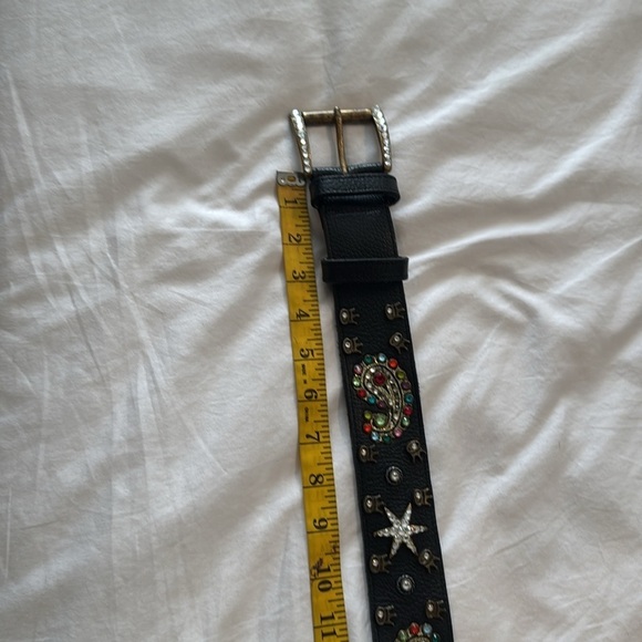 Embellished Black Leather Belt with Colorful Accents